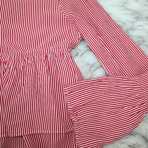 Zara Red Striped Ruffle Tier Hem Blouse - Picture 5 of 8